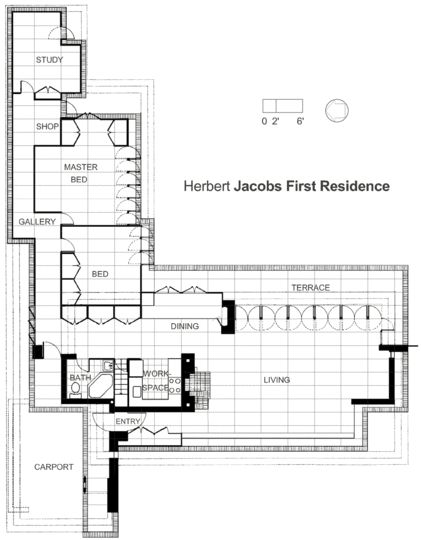 Interesting, this is basically the mirror image of our house's floor plan. Would thinking about a Usonian influence help make better, more functional design decisions about this place? House American Style, Usonian Architecture, Usonian Style, Frank Lloyd Wright Usonian, Usonian House, Frank Lloyd Wright Architecture, Frank Lloyd Wright Buildings, Frank Lloyd Wright Design, Frank Lloyd Wright Homes