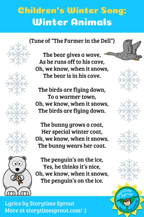 Winter song to sing with children about what animals do in the winter. Includes bears, birds, rabbits, and penguins. Winter Songs For Preschool, Preschool Winter Activities, Hibernation Preschool Activities, Winter Animals Preschool, Hibernation Preschool, Winter Animal Crafts, Winter Lesson Plan, Animals Preschool, Winter Song