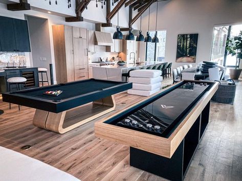 Lounge With Pool Table, Contemporary Game Room Ideas, Aesthetic Game Room Pool Table, Game Room Pool House, Pool Table In Living Room, Shuffle Board In Living Room, Pool Table In House, Pool Table In Living Room Ideas, Family Games Room