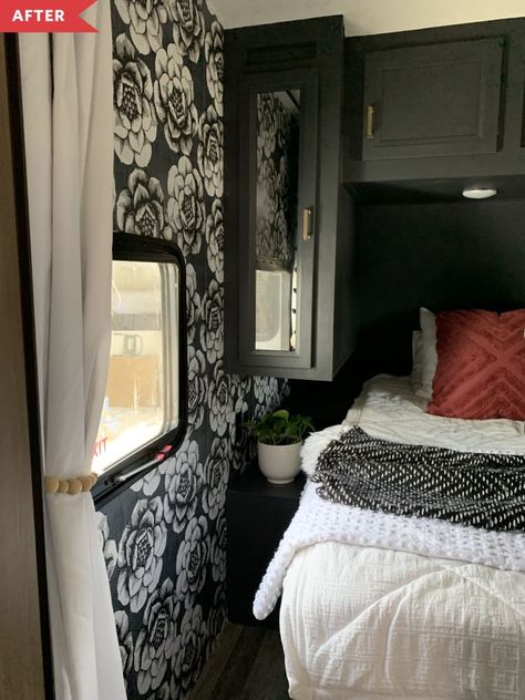 Camper Bedroom With Window Behind Bed, Gothic Camper Interior, Moody Camper Interior, Large Bedroom Design, Camper Updates, Open Bedroom, Bedroom Makeover Before And After, Motorhome Living, Small Bedroom Makeover