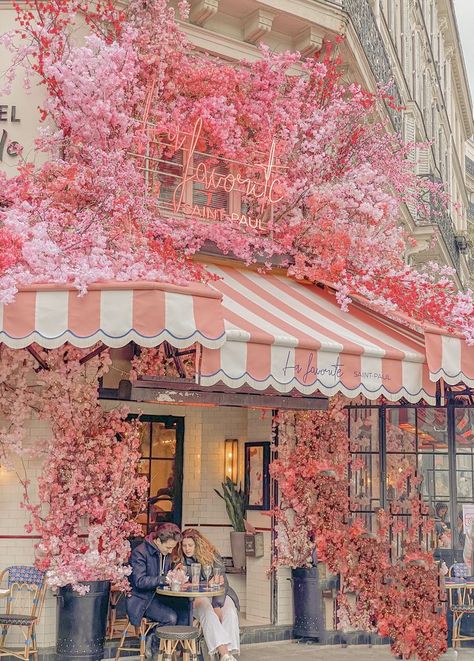 La Favorite Saint-Paul, Paris La Favorite Paris, Paris Pink Aesthetic, Pink Paris Aesthetic, Paris Flower Shop, Cafe In Paris, Paris Flowers, Paris In Spring, Paris Honeymoon, Spring In Paris