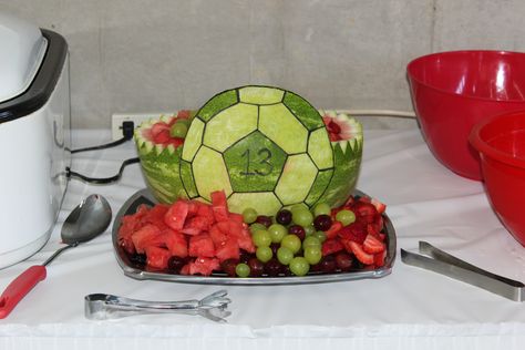 Watermelon carved into a Soccer Ball Watermelon Soccer Ball, Soccer Fruit Tray, Soccer Fruit Ideas, Soccer Themed Food, Cake For Boys Birthday, Soccer Party Food, Soccer Food, Soccer Birthday Party, Soccer Cake