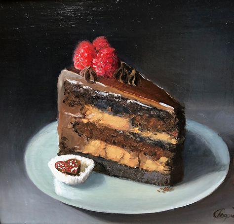 Realistic Food Painting Acrylic, Textured Food Painting, Dessert Reference Photos, Cake Slice Painting, Realistic Food Painting, Realistic Food Art, Cake Oil Painting, Food Oil Painting, Art Food Painting