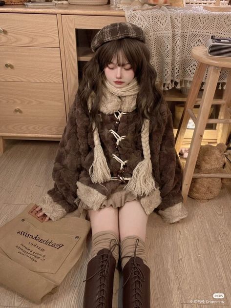 Brown Kawaii Aesthetic Outfits, Bearcore Outfits, Kawaii Autumn Outfits, Bear Inspired Outfits, Vtuber Accessories, Mori Outfit, Kawaii Winter Outfits, Cottagecore Summer Outfits, Current Aesthetic