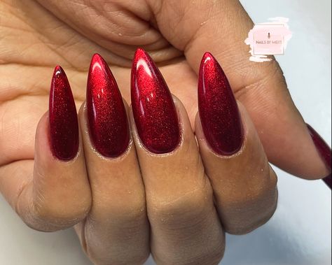 Red Chrome And Glitter Nails, Red Chrome Nails Christmas, Chrome Gel X Nails, Red Chrome Christmas Nails, Red Metallic Nails, Shiny Red Nails, Chrome Red Nails, Plain Acrylic Nails, Christmas Nail Designs Acrylic