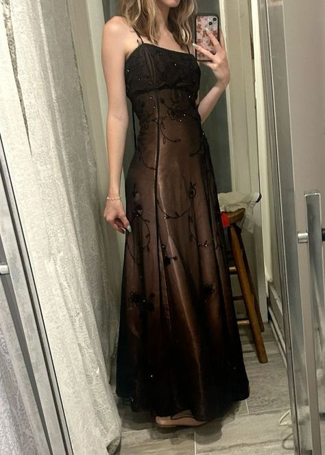 Fairy Grunge Formal Dress, Vintage Gothic 90s Prom Dress, 90s Vintage Dress Prom, 2000s Grunge Dress, Mocha Prom Dress, Prom Dresses Thrifted, Prom Dresses Whimsigoth, Grungy Prom Dress, 90s Dress Outfit Casual