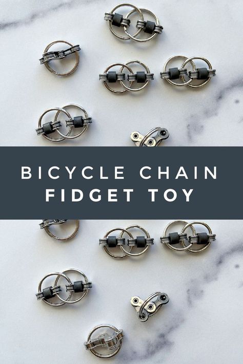 various Bicycle Chain Fidget Toys Diy Stim Jewelry, Fidget Jewelry Diy, Diy Fidget Jewelry, Home Made Fidget Toys, Bicycle Chain Crafts, Bike Chain Crafts, Fidget Bracelet Diy, Classroom Fidgets, Diy Fidget Ring