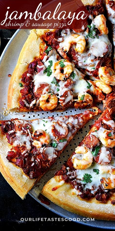 Sausage Toppings, Chewy Pizza Crust, Shrimp Pizza, Seasoned Shrimp, Pizza Oven Recipes, Unique Pizza, Shrimp Sausage, Pizza Salad, Sausage Pizza