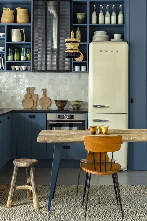 Lola and Joseph’s home – marianne evennou Commercial Style Kitchen, Compact Kitchen Design, Steel Frame Doors, Smeg Fridge, Interior Windows, Apartment In Paris, Small Space Kitchen, Compact Kitchen, Blue Kitchen