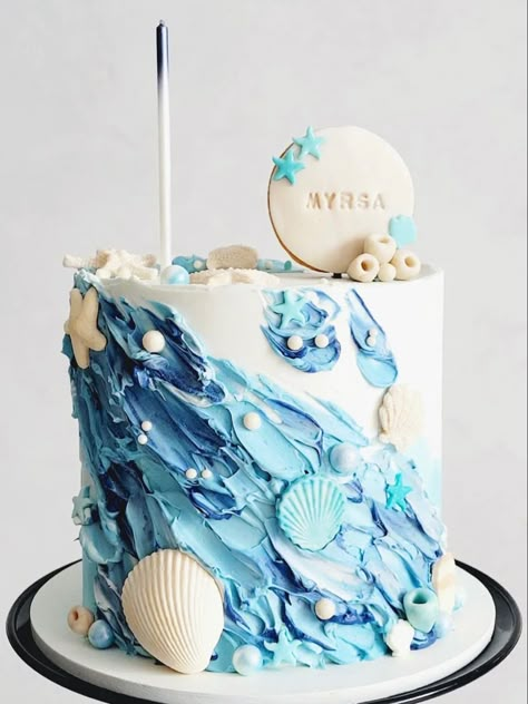 Buttercream Ocean Cake, Ocean Number Cake, Beach Themed Birthday Cakes, Ocean Theme Birthday Cake, Ocean Cake Ideas, Ocean Cake Topper, Ocean Theme Cake, Ocean Themed Cake, Ocean Birthday Cakes