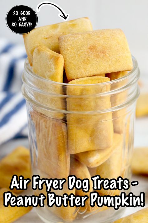 An overflowing jar of pumpkin peanut butter dog treats. Dog Treats In Air Fryer, Air Fried Dog Treats, Air Fryer Dog Treat Recipes, Airfryer Dog Treats, Sweet Potato Dog Treats Air Fryer, Allergy Friendly Dog Treats, Air Fryer Dehydrated Sweet Potato Dog Treats, Air Fryer Dog Treats, Dehydrating Meat