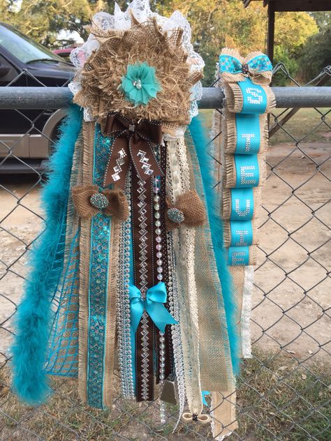 Burlap and turquoise sash mum Highschool Homecoming, Senior Mums, Mum Ideas, Texas High School, Homecoming Garter, Homecoming Ideas, Homecoming Mums Diy, Flower Business, Burlap Lace