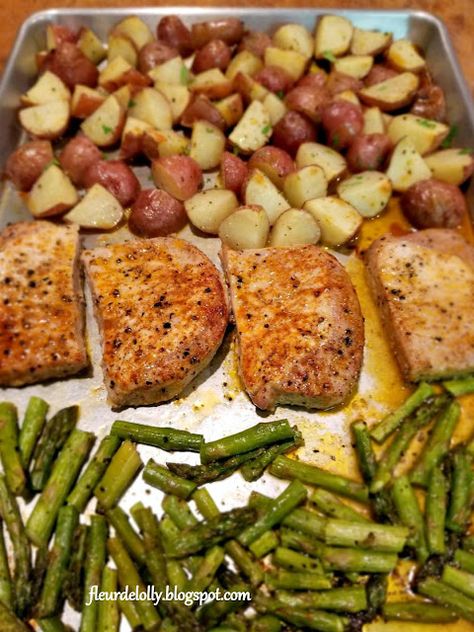 Fleur de Lolly: Sheet Pan Supper: Pork, Asparagus, and Potatoes Easy Sheet Pan Dinners Pork Chops, Pork One Pan Dinners, Pork Chop Asparagus Recipes, Pork Chops Asparagus, Sheet Pan Pork Chops And Potatoes And Asparagus, Pork Loin Chop Sheet Pan Dinner, Sheet Pan Pork Chops And Asparagus, Pork Chop Recipes With Vegetables, Pork Chop Pan Dinner