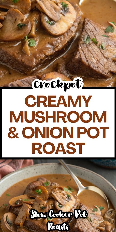 Creamy Mushroom & Onion Pot Roast is comfort food GOALS! 🍄🧅 This Slow Cooker Pot Roast Recipe is packed with rich, creamy flavors and tender beef. Perfect for cozy nights! #BestRoastForCrockpot #CrockpotPotRoastEasy #BestRoastRecipe Crockpot Meals With Beef, Meals To Meal Prep, Best Roast Recipe, Meals With Beef, Tender Beef Tips, Recipes In Crockpot, Crockpot Beef Tips, Crockpot Beef Recipes, Beef Bites