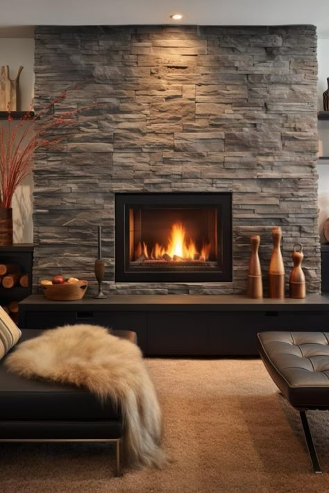 30 Stunning Stone Fireplace Ideas for Your Home Stone Fireplace Ideas, Modern Stone Fireplace, Grey Stone Fireplace, Stone Fireplace Makeover, Diy Christmas Fireplace, Stone Fireplace Designs, Stone Fireplace Wall, Fireplace Decorations, Stacked Stone Fireplaces