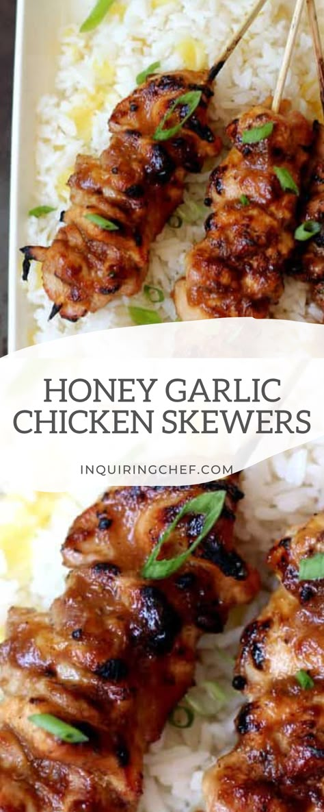 Honey garlic chicken skewers are coated in a sticky sauce that’s sweet, savory, and made with natural honey, fresh garlic and ginger, and simple soy sauce. The chicken cooks quickly on the grill, and the marinade is addictively good! #chicken #grill #marinade #summer #easyrecipe #dinnerrecipe #dinner #easychickenrecipe Honey Garlic Chicken Skewers Air Fryer, Honey Garlic Chicken Kabobs, Chicken Screwers Recipe, Sticky Chicken Skewers, Marinated Chicken Skewers Grilled, Honey Garlic Chicken Skewers, Chicken On A Stick Recipe, Chicken Skewers Marinade, Garlic Chicken Skewers