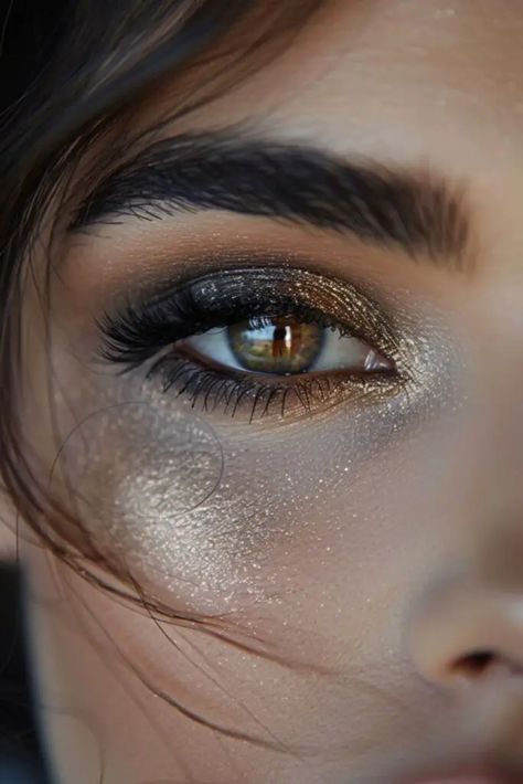 Smokey Eye Inspiration, Smokey Gold Eye Makeup, Smoky Brown Eye Makeup, Addition Exterior, Makeup Ideas For Brown Eyes, Brown Eyeshadow Looks, Bronze Makeup Look, Shiny Makeup, Smoky Eyeshadow