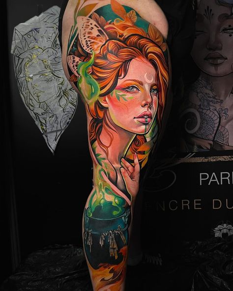 Huge portrait leg sleeve made with Killer Ink supplies! Watercolour Tattoos, Artist Of The Month, Colour Tattoo, Artists Studios, Traditional Tattoo Design, Leg Sleeve, Leg Sleeves, Colour Blocking, Neo Traditional