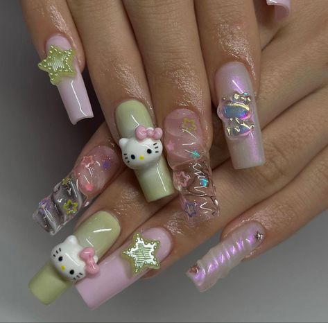 Light Green Nails, Kitty Nails, Hello Kitty Nails, Pretty Gel Nails, Really Cute Nails, Soft Nails, Cat Nails, Unique Acrylic Nails, Kawaii Nails