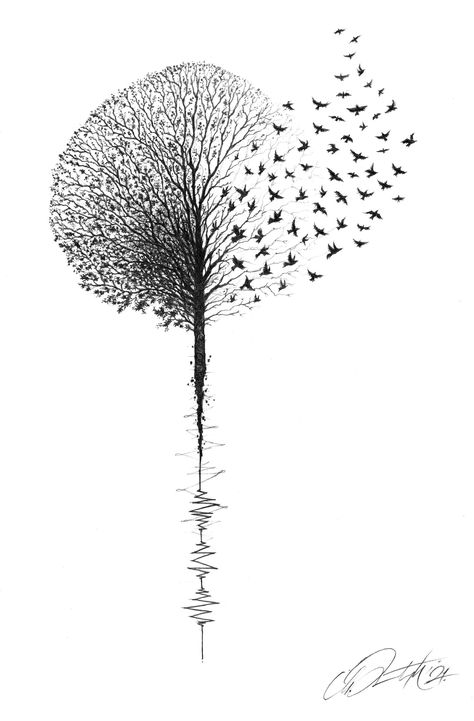 #art #artist #artwork #drawing #illustration #pencil #sketch #bnw #blackandwhite #tree #leaves #birds #flight #EKG #pulse #life #motivation  #design #idea #tattoo #tattoosketch #inking #tattooart #realism #minimalism #detail  #culture #fineart #artworks #gallery #markodavidovic #markodavidoff Blowing Tree Tattoo, Root Tree Tattoo, Deciduous Tree Tattoo, Tree With Birds Drawing, Motivation Drawing Ideas Life, Bird Flight Tattoo, Tree And Butterfly Tattoo, Sleeve Tattoos Birds, Half Tree Drawing