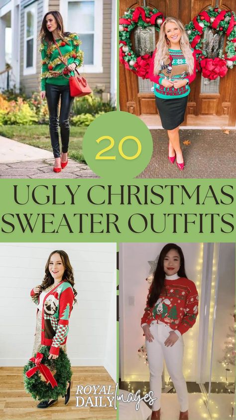 Ugly Christmas Sweater Outfits Ugly Christmas Sweaters Women, Light Up Christmas Outfit, Oversized Christmas Sweater Outfit, Christmas Sweater And Skirt Outfit, Ugly Sweater Party Outfit, Ugly Sweater Outfit Women, Ugly Sweater Outfit Ideas, Ugly Sweater Christmas Party Outfit, Ugly Xmas Sweater Ideas