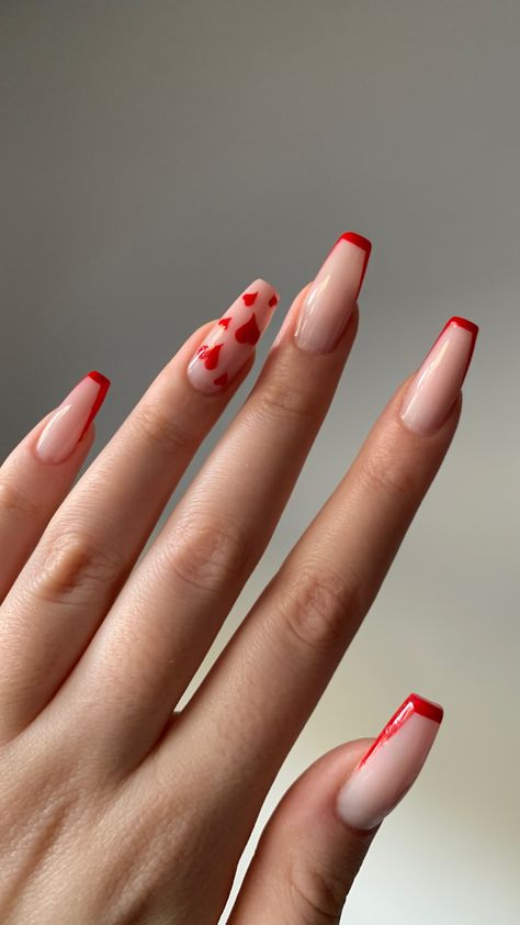 valentines nails - red French with red hearts Ballerina Valentines Nails, Red And White French Tip Nails Coffin, Simple Nails Red And White, Red Valentines Nails Coffin, Red Ballerina Nails Designs, Valentines Nails Ballerina, Red French Tip Nails Ballerina, Red Beige Nails, Minimal Red Nails