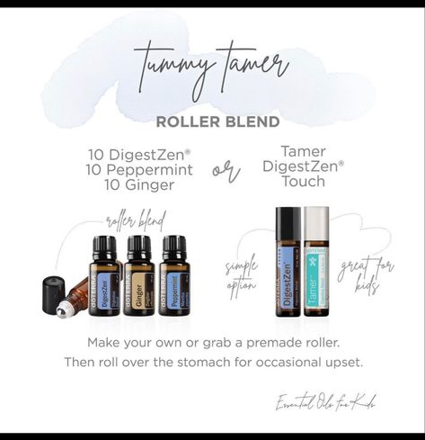 DoTERRA essential oils tummy tamer roller bottle blend, combo, recipes. Digestzen. Digestive Blend. Essential Oils Upset Stomach, Doterra Roller Blends, Doterra Kid, Digestzen Doterra, Upset Tummy, Doterra Diffuser Blends, Essential Oil Combinations, Doterra Wellness Advocate, Essential Oil Blends Recipes