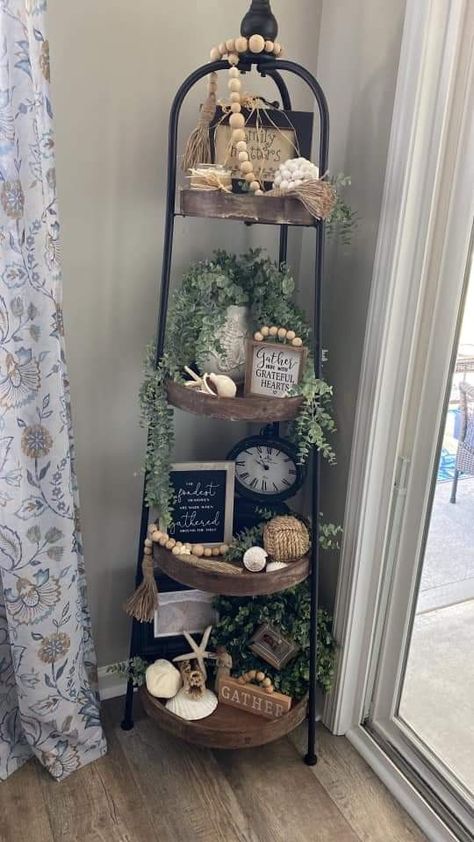 Christmas Decor For Tiny Spaces, 4 Tier Stand Decor, 3 Shelf Entry Table Decor, Tiered Ladder Shelf Decor, Corner Ladder Shelf Decor, 4 Tiered Round Shelf, Large Tiered Tray Decor, Farmhouse Fall Decor Diy Dollar Tree, Hobby Lobby 4 Tier Round Shelf