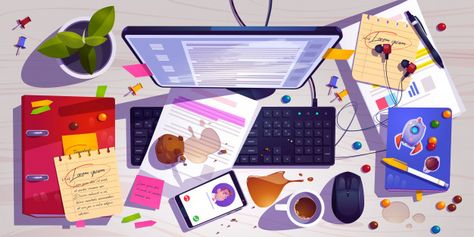 Messy workplace top view, clutter office... | Free Vector #Freepik #freevector Office Desk Work, Desk Top View, Wooden Clipboard, Paper List, Table Top View, Messy Desk, Messy Art, Spilled Coffee, Pink Table