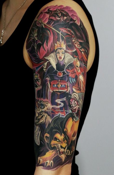 Villain Tattoo Sleeve, Disney Villain Tattoo Sleeve, Disney Villain Tattoo, Villain Tattoo, Disney Tattoos For Men, Disney Inspired Tattoo, Dark Disney Tattoo, Disney Sleeve Tattoos, Disney Sleeve