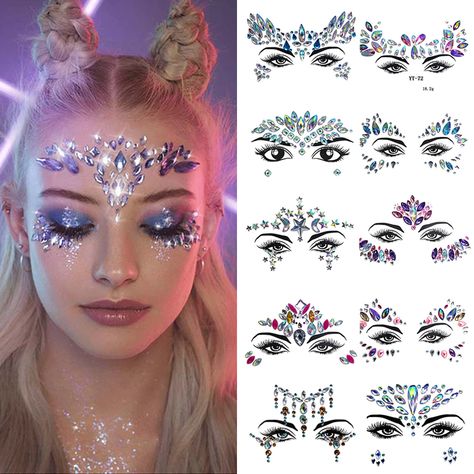 Tattoo Crystal, Temporary Face Tattoos, Face Decoration, Eyes Sticker, Stickers Face, Jewel Tattoo, Crystal Tattoo, Collage Des Photos, Crystal Stickers