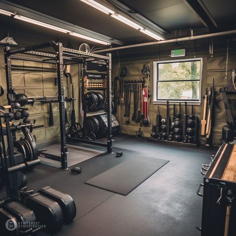 [PaidLink] Cover Your Garage Walls With Canvas To Give Your Home Gym An Army Vibe. Military/Armed Services Styled Home Gym Interior In Khaki Green. Ai Made Home Gym Inspiration And Ideas Made By Gymterest Gymspiration. Follow Us For More Content And To Help You Plan Your Home And Commercial Gym Spaces. Home Gym Design | Commercial Gym Design | Layout And Planning | Garage Gym Ideas | Best Home Gyms | Interior Design | Pt Personal Training Space | Gym #homegymideassmallbasements Barndominium Gym Ideas, Detached Home Gym, Barn Gym Ideas, Home Gym Ideas Small Basements, All Black Garage Gym, Home Gym Interior, Mma Garage Gym, Tent Home, Crossfit Garage Gym