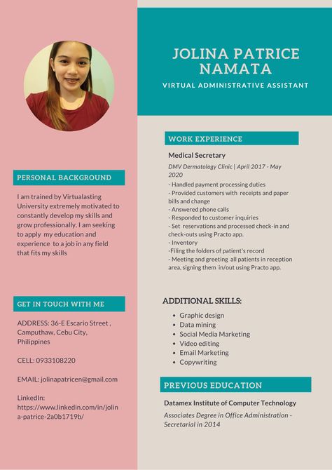 This is my resume that I've created in Canva. Virtual Assistant Resume, General Virtual Assistant, Business Plan Example, Dermatology Clinic, Virtual Assistant Jobs, Administrative Assistant, Virtual Assistant Business, Download Resume, Reception Areas