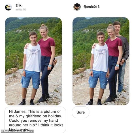 Another person, who wanted their hand edited out of a snap, was left amused when James add... Funny Photoshop Requests, James Fridman, Awkward Photos, Funny Photoshop, Girls Ask, Girl Thinking, Photo Stands, Back To School Hairstyles, The Girlfriends