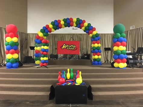 Stage decorated for our 2015-2016 Awana Awards Ceremony.  The clubbers loved it! Awana Decorating Ideas, Awana Cubbies Room Decor, Awana Theme Night Ideas, Prize Giving Stage Decor, Awana Store Ideas, Awana Awards Night Ideas, Awana Sparks Classroom, School Prize Giving Stage Decor, Awana Cubbies Classroom