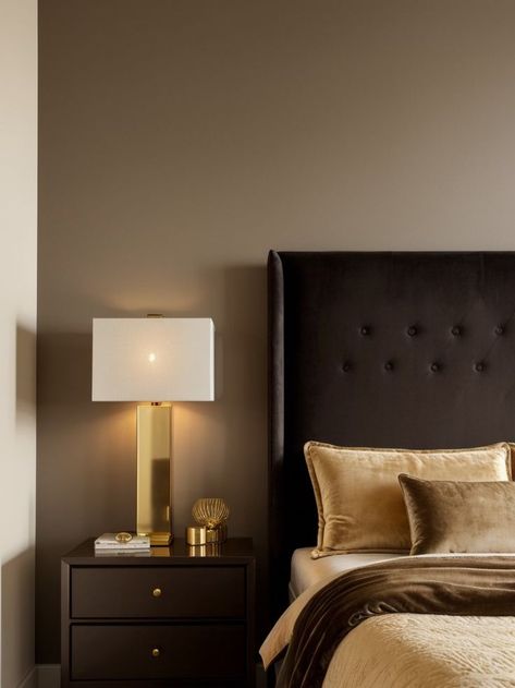 Dark Beige Accent Wall, Beige Accent Wall, Beige And Gold Bedroom, Dark Accent Walls, Beige Bed, Gold Bedroom, Brown Bedroom, Bedside Lamps, Beige Walls