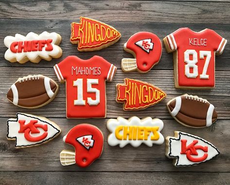 Chiefs Sugar Cookies Decorated, Chiefs Themed Birthday, Chiefs Football Cookies, Chiefs Football Birthday Party, Kc Chiefs Cookies Decorated, Kansas City Chiefs Cookies Decorated, Kc Chiefs Cupcakes, Kansas City Chiefs Sugar Cookies, Chiefs Birthday Party Ideas