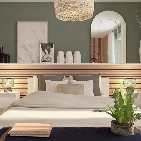 Bedroom With Corner Windows Layout, Rattan Furniture Bedroom Ideas, Master Bed Focal Wall, Accent Wall Above Bed, Bedroom Accent Wall No Headboard, Bright Accent Wall Bedroom, Vertical Wood Slat Accent Wall, Two Beds In One Room Ideas Adults, Coastal Contemporary Bedroom