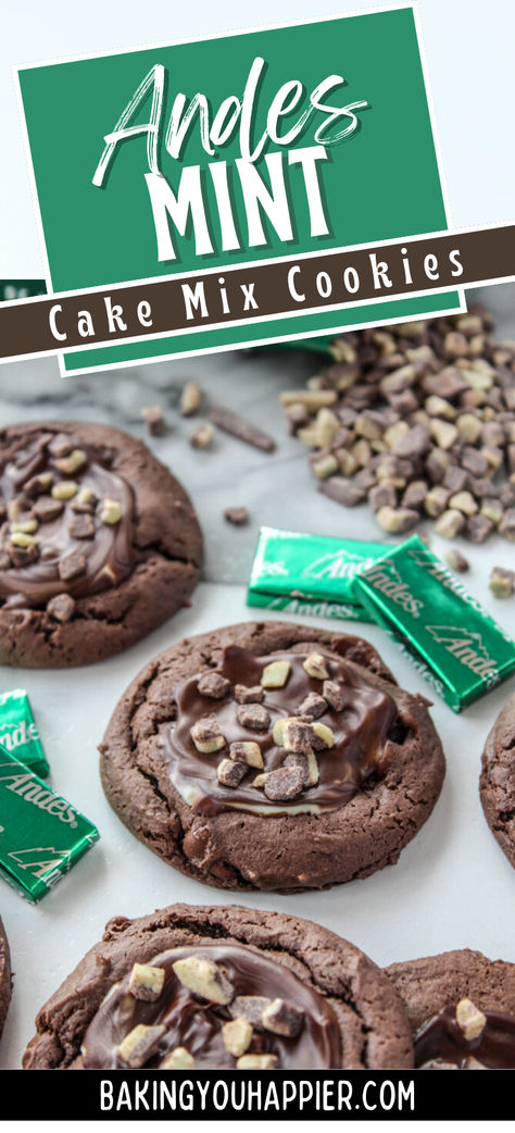 Andes Mint Cake Mix Cookies, this is an easy to make chocolatey minty cookie! They make a delicious gift for the holidays! Christmas Cookies Andes Mint, Andes Mint Desserts, Christmas Cake Mix Cookies Easy, Andies Mint Cookies, Mint Cookie Recipes, Mint Cake Mix Cookies, Andes Cookies, Andes Mint Cake, Andes Mint Recipes