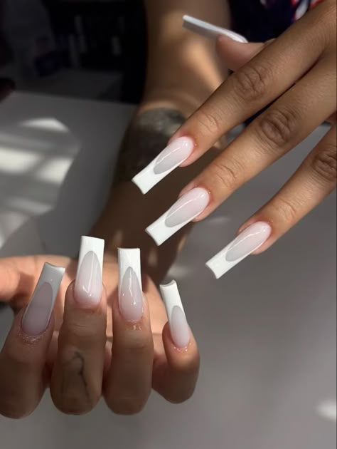 Straight Acrylic Nails Long, Grey With White Tip Nails, White On White French Manicure Long, Clear White French Tip Nails, Off White Acrylics, White On White Acrylic Nails, Long Tip Nails, All White French Tip Nails, Milk White Acrylic Nails With Design