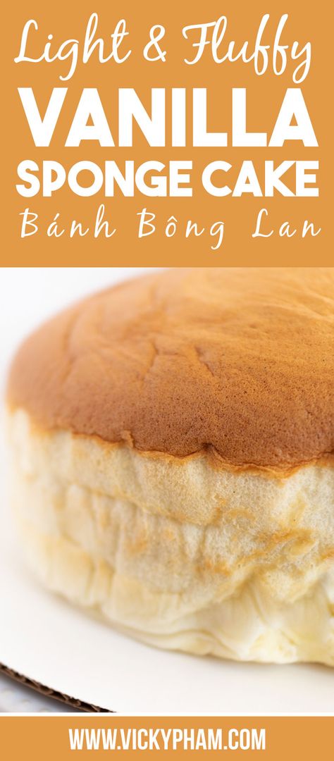 Banh Bong Lan is a French-influenced Vietnamese sponge cake. It’s made with eggs, flour, sugar, and vanilla. It translates to “orchid cake.” Because of the whipped egg whites, the cake bakes up like a souffle, resembling a blooming orchid. Unlike western cakes, Banh Bong Lan is light, fluffy, and not overly sweet. Japanese Egg Cake, Japanese Pound Cake, Korean Sponge Cake, Mini Chinese Sponge Cake, Light Pound Cake Recipes, Light Sponge Cake, Sponge Cake Desserts, Asian Sponge Cake, Light Fluffy Cake