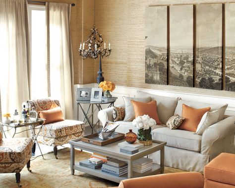 Neutral Living Rooms, Orange Room, Suzanne Kasler, Living Room Layout, Slipper Chairs, Ballard Designs, Decorate Your Room, Room Layout, Living Room Seating