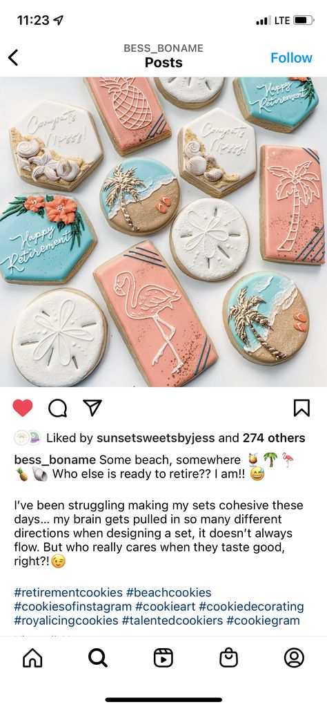 Beach Retirement Cookies, Retirement Cookies Decorated, Cookie Gram, Beach Relax, Sugar Cookie Cakes, Beach Cookies, Sweet Decoration, Teal Coral, Icing Frosting