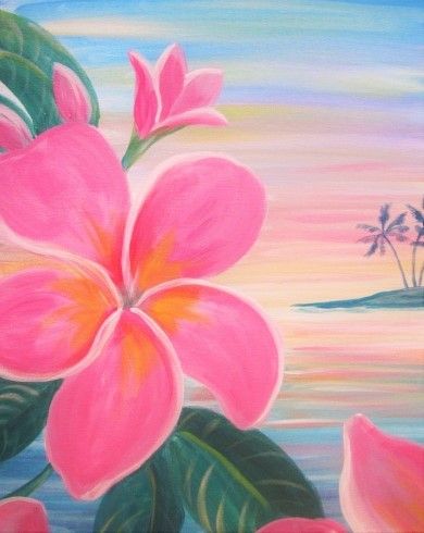 Learn to Paint Pretty in Pink Plumeria tonight at Paint Nite! Our artists know exactly how to teach painters of all levels - give it a try! Hawaii Flower Painting Easy, Plumeria Art Painting, Pretty Pink Paintings, Painting Ideas Hibiscus, Beach Flowers Painting, Summer Time Paintings, Hawaii Painting Ideas Easy, Easy Things To Paint With Acrylic Paint, Summer Flower Paintings Easy