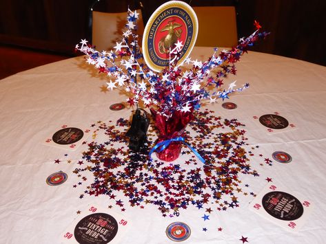 Marine Corps Ball Centerpieces, Usmc Retirement Gifts, Marine Corps Retirement, Retirement Party Centerpieces, Usmc Retirement, Marine Party, Marine Graduation, Deployment Party, Retirement Party Ideas