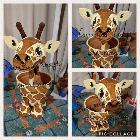 This gorgeous terracotta giraffe planter and garden decoration is perfect to add a little flare to your garden, flower beds, patio or even indoors. She features a yellow body with brown spots, craft foam ears and wooden neck.  Handcrafted using terracotta pots and painted using acrylic paint and an indoor/outdoor sealant.   - Suitable for indoor or outdoor use - Flowers/plant not Included  Items may have slight variations from picture as each item is hand painted. Bee Clay, Giraffe Planter, Pot Snowman, Pots Clay, Pot Diy, Clay Pot Projects, Flower Pot People, Clay Pot People, Mini Clay