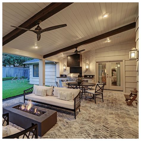 Attached Porch To House, Backyard Patio Designs With Small Pool, Outdoor Covered Porch Ceilings, Patio Layout With Hot Tub, Covered Patio With Hot Tub And Fire Pit, Slanted Patio Roof, Attached Patio Ideas, Covered Patio Design Attached To House, Outside Living Spaces Covered Patios