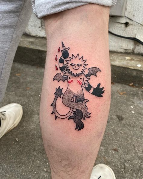 Strange Tattoos Creative, Spikey Tattoos Aesthetic, Tattoo Art Styles Names, Matching Character Tattoos, Pronoun Tattoo, Hip Bone Tattoo Men, Black Illustrative Tattoo, Genz Tattoos, Transmasc Tattoo Ideas