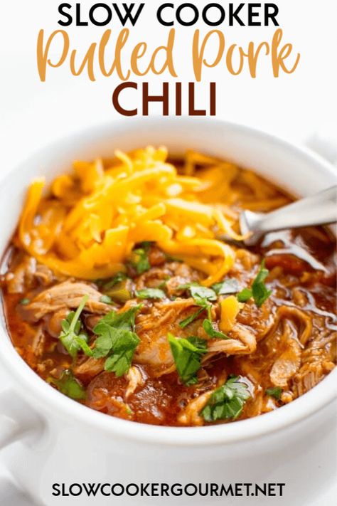 Slow Cooker Pulled Pork Chili - Slow Cooker Gourmet Pork Chili Recipe, Pulled Pork Chili, Chili Crockpot, Pork Chili, Crockpot Pulled Pork, Crockpot Chili, Slow Cooker Pulled Pork, Slow Cooked Meals, Slow Cooker Chili