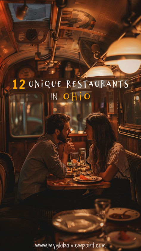 Vintage-style image of a couple enjoying a romantic dinner in a cozy, dimly-lit restaurant with retro decor and warm lighting, one of the most unique restaurants in Ohio. Best Places To Eat In Columbus Ohio, Best Restaurants In Cleveland Ohio, Columbus Ohio Restaurants, Vermillion Ohio, Things To Do In Ohio, Downtown Columbus Ohio, Berlin Ohio, Perrysburg Ohio, Millersburg Ohio